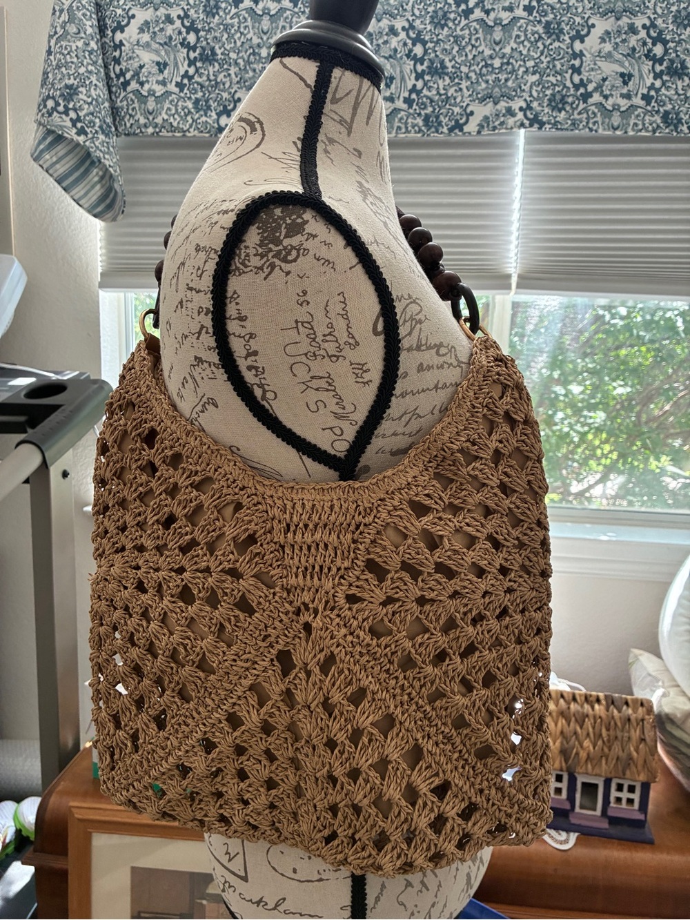 Woven Crochet Lined Hobo Bag with Bead Handle - Tan - Picture 3 of 5